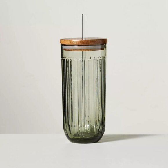 Hearth & Hand Other - 21oz Fluted Glass Tumbler with Wood Lid & Straw Green - Hearth & Hand Magnolia